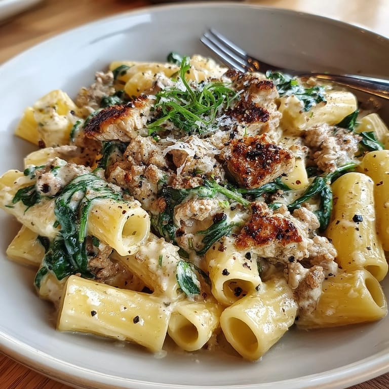 Golden brown pasta in a Creamy Ground Turkey &amp; Spinach Skillet, a comforting, satisfying dinner.