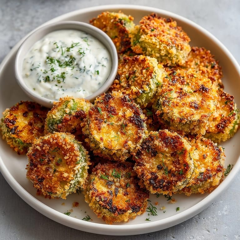 Tangy, crunchy air fryer pickle chips recipe—perfect appetizer with cool ranch dressing.