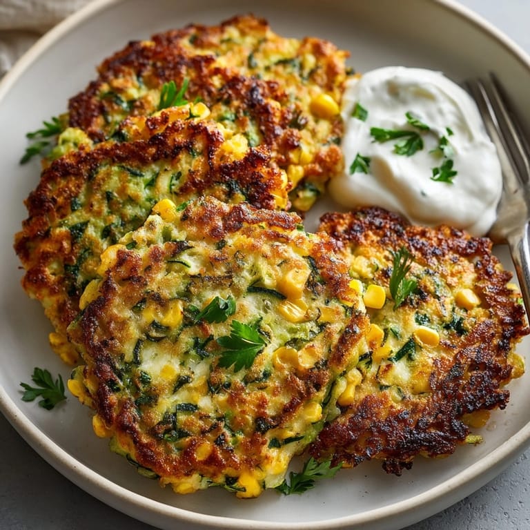 Stacked Late Summer Zucchini &amp; Corn Fritters, showcasing vibrant green flecks and a delicious aroma.