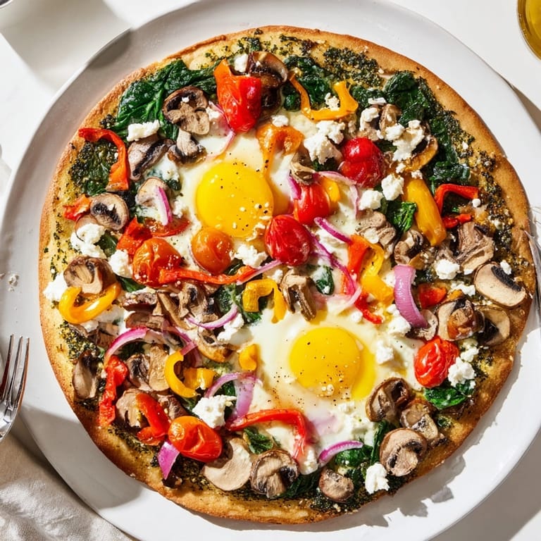 A beautiful Garlic Herb Veggie Breakfast Pizza with runny eggs, perfect for a weekend brunch.