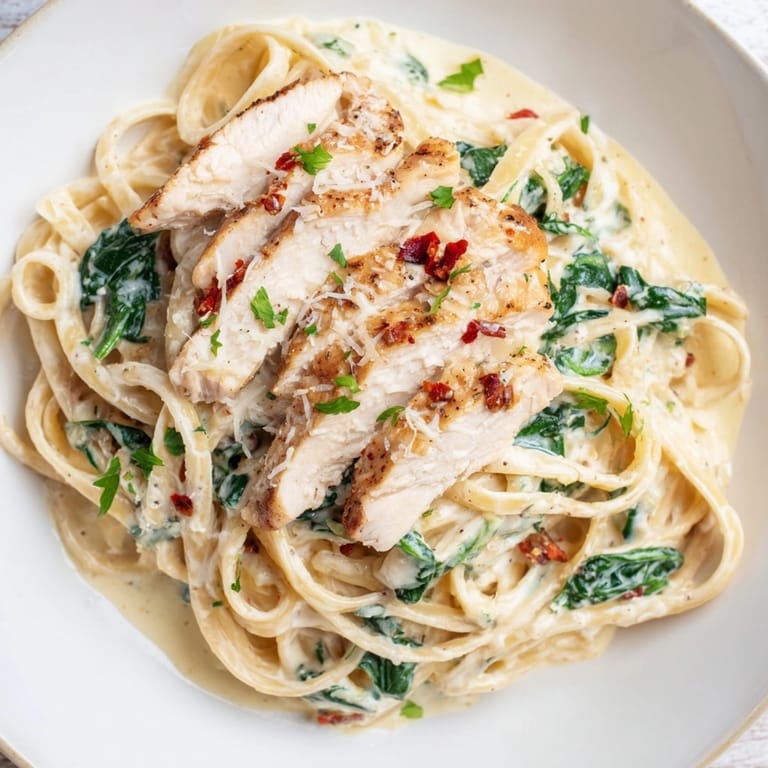 Golden-brown Cajun Chicken Spinach Alfredo Pasta twirled in a rich, cheesy Alfredo sauce.