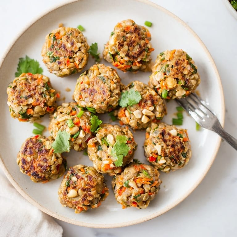 Close-up shows crispy fried Thai Peanut Lentil Bites, a flavorful vegetarian party appetizer.