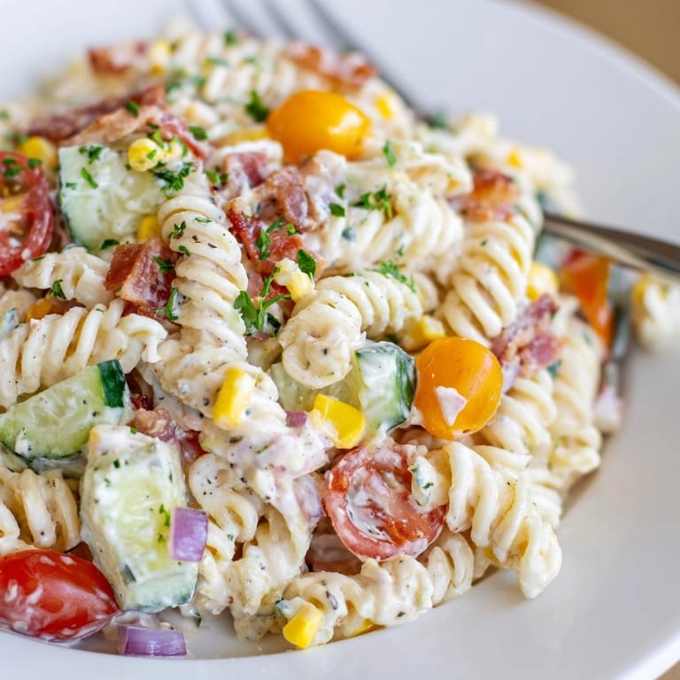A close-up of cool Alfredo Bacon Ranch Pasta Salad with a rich creamy dressing.