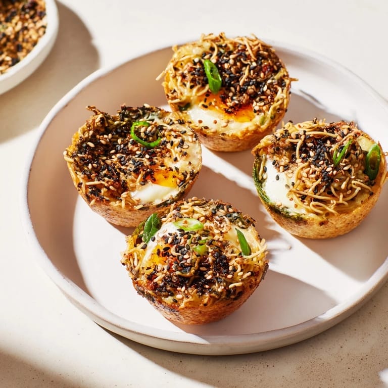 Savory Japanese Ramen Egg Muffins topped with sesame seeds and nori flakes.  