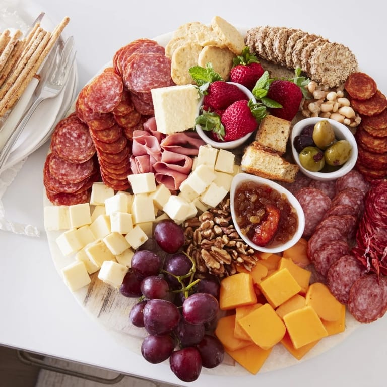 Indulge in savory meats, rich cheeses, and delightful mini festive cheesecakes on display.  