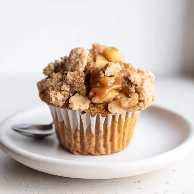 Warm muffins with gooey caramel and fresh apples, a perfect sweet treat.  