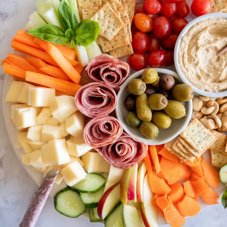 Close-up of a Girl Dinner Platter showcasing vibrant snacks, cheeses, and fresh veggies.  