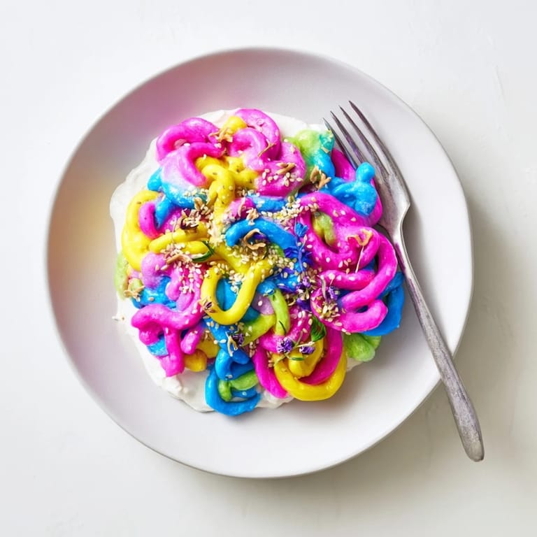 Whimsical Neon Noodle Cloud dish showcasing colorful noodles and delicate edible flowers.  