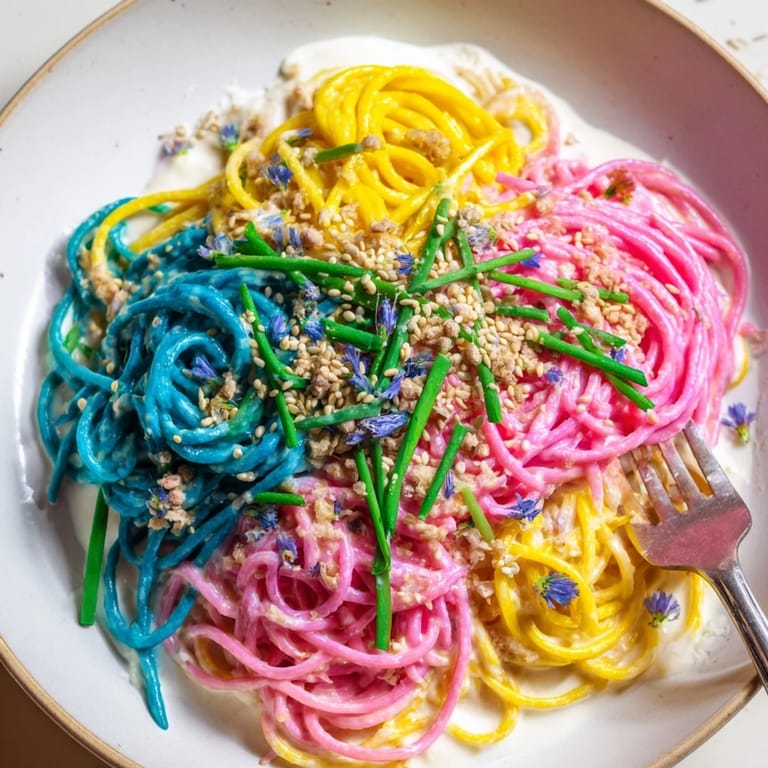 Delightful Neon Noodle Cloud pasta bathed in rich sauce, garnished with sesame seeds.