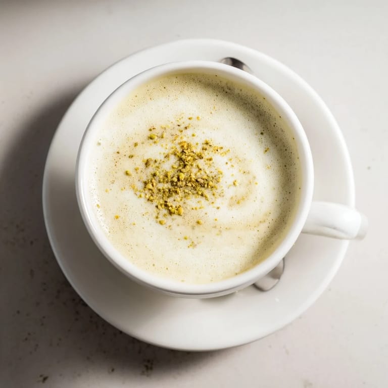 Homemade pistachio milk latte in a cup, perfect for a cozy caffeine boost.