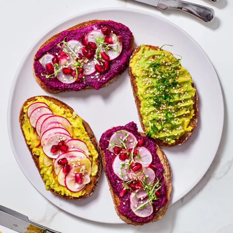 Colorful Bright & Bold Breakfast Toasts with layers of creamy ube and ripe avocado.  