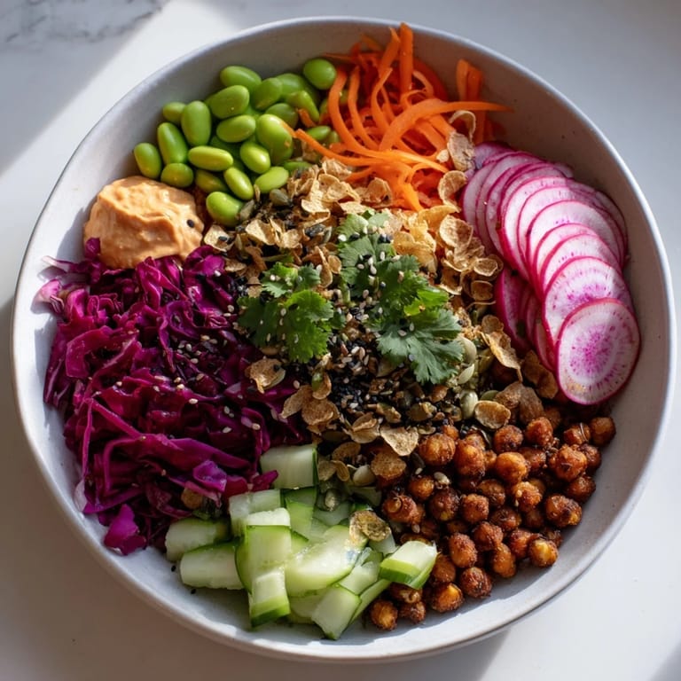 Beautifully arranged ASMR Crunch Snack Bowls, showcasing bright vegetables and roasted chickpeas.  