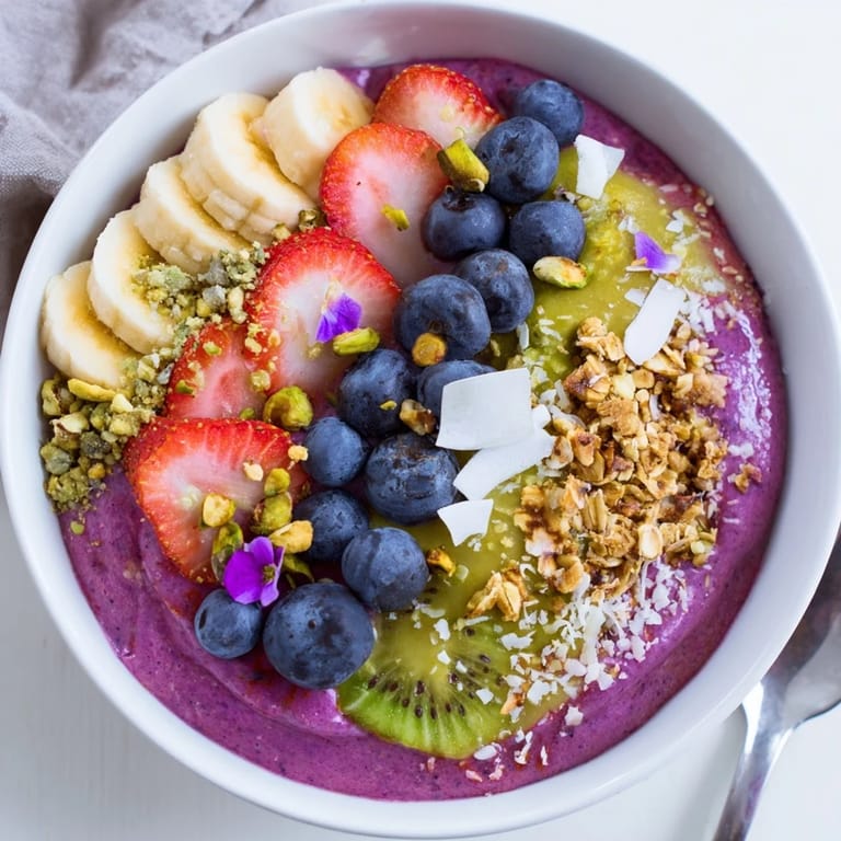 Delicious smoothie bowl showcasing purple yam, topped with edible flowers and nuts.