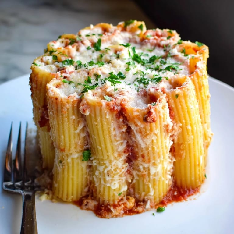 Baked honeycomb pasta cake showcasing vibrant rigatoni filled with creamy ricotta and melted cheese.  