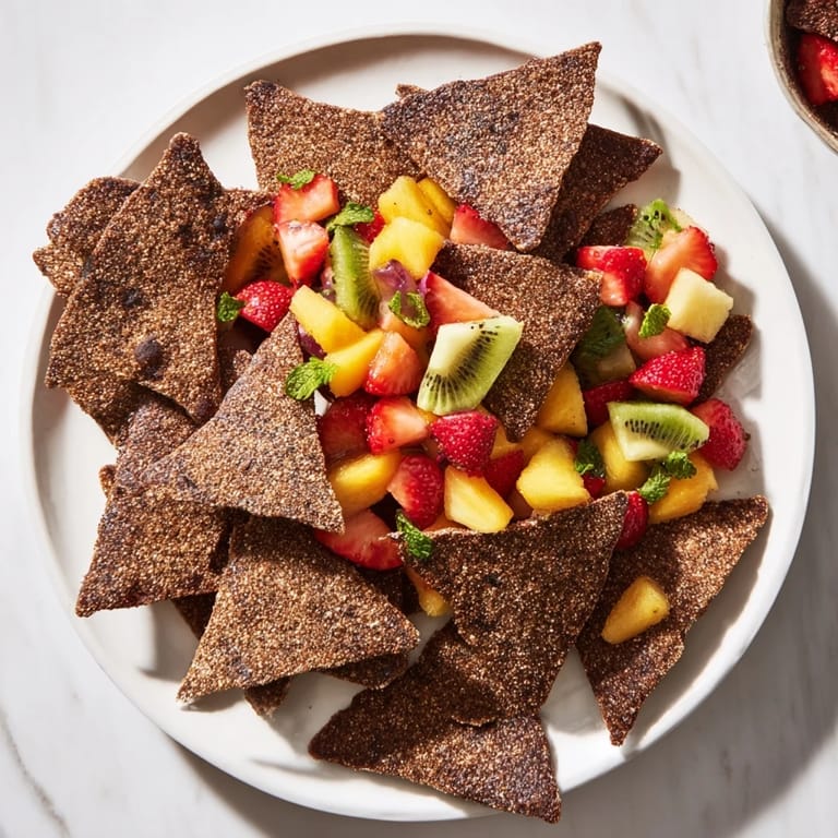 Sweet chocolate tortilla chips paired with colorful fruit salsa for a fun treat.