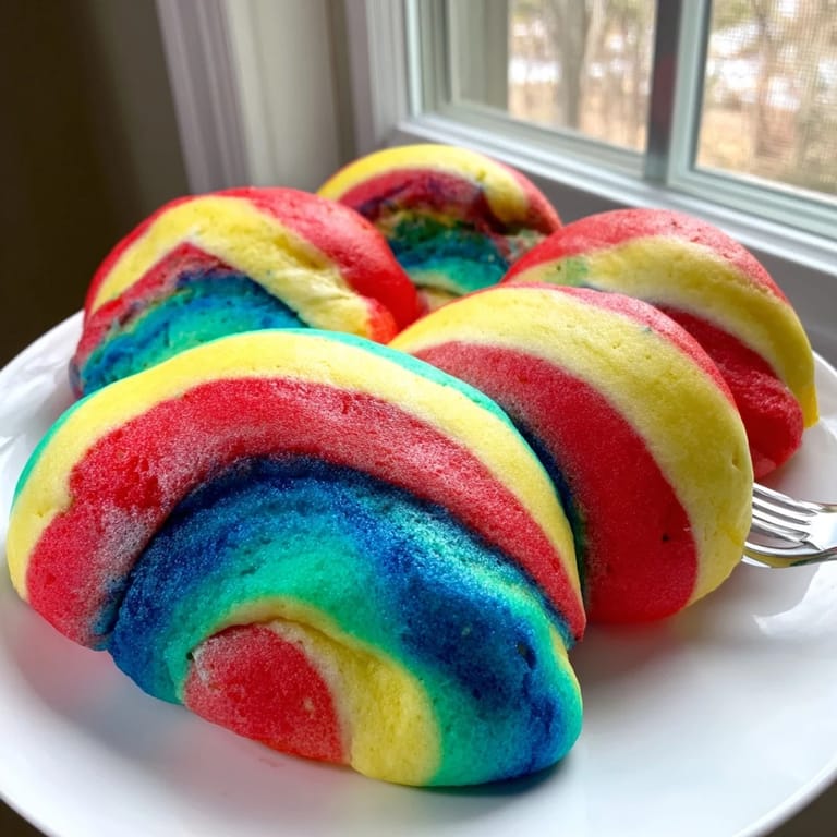 Fun, airy cloud bread with swirls of color, ideal for playful party platters.