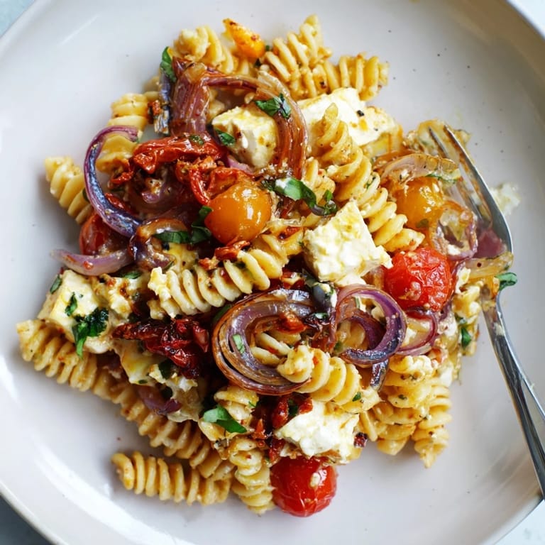 Deliciously tangy baked feta pasta topped with fresh basil and bursting tomatoes.