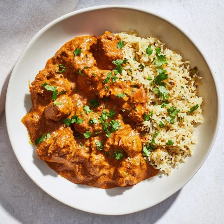Fragrant butter chicken with vibrant tomato sauce, served alongside perfectly cooked rice pilaf for dinner.