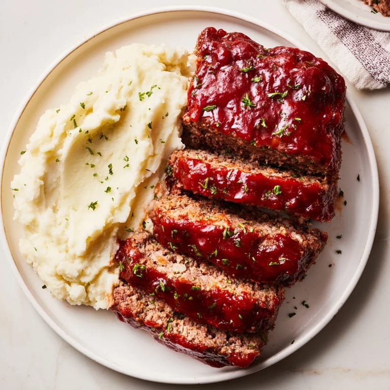 Hearty classic meatloaf and mashed potatoes with a rich glaze, perfect for a cozy family dinner.