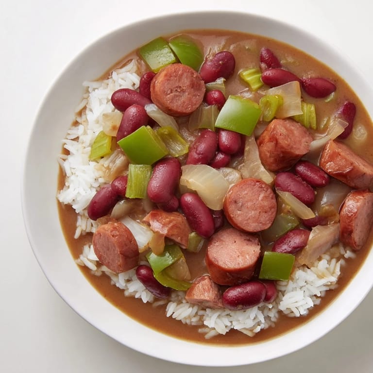 Close-up photo of Red Beans & Rice: smoky sausage mingling with tender beans and fluffy rice.