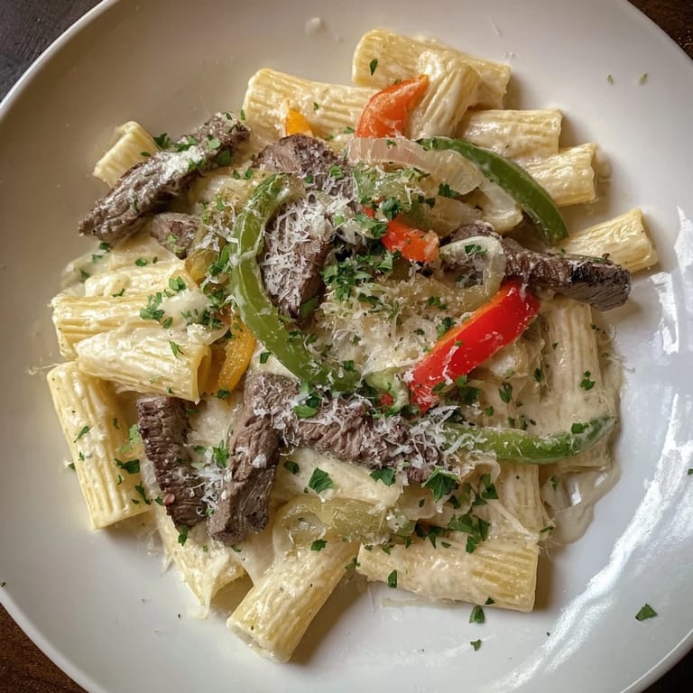 Savory Philly Cheesesteak Pasta with melted provolone covering flavorful beef and pasta, delicious!
