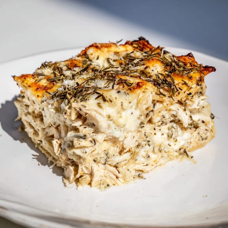 A comforting, layered view: Rosemary Chicken Lasagna with melted mozzarella and perfectly cooked noodles.