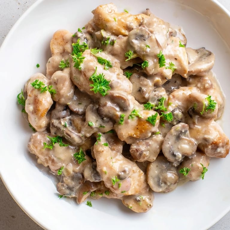 Golden chicken pieces simmer in a creamy mushroom sauce: a delicious serving of Creamy Chicken Stroganoff.