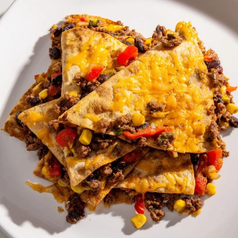 Golden, bubbly sheet pan quesadillas filled with seasoned beef, ready to be sliced and served.