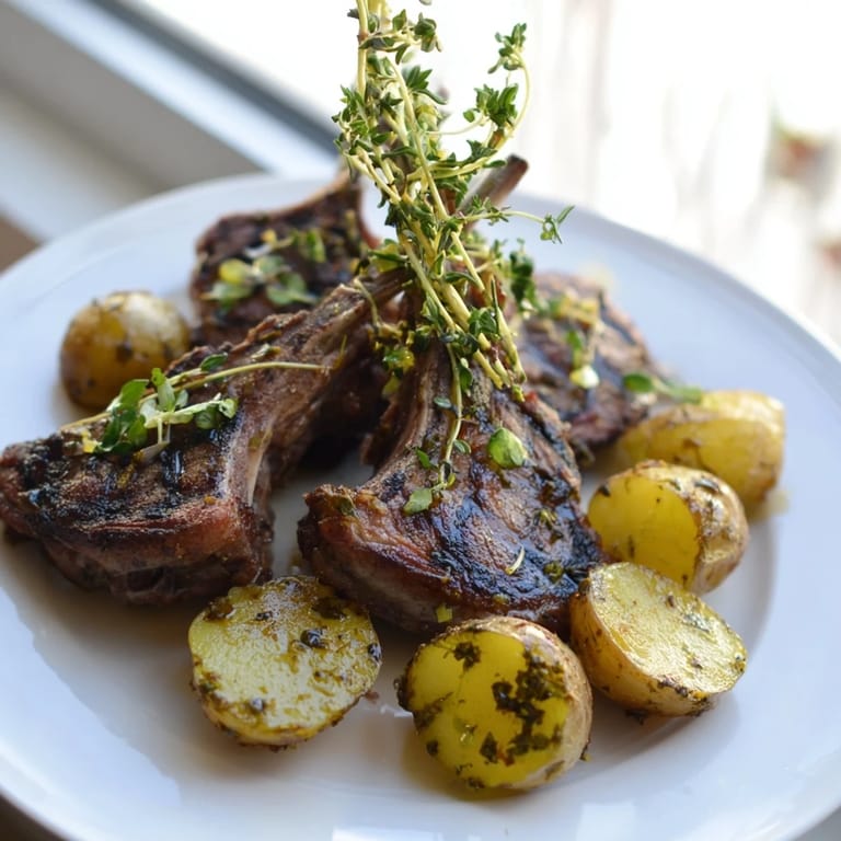 Juicy herbed lamb chops beside golden roasted potatoes, offering a savory, gluten-free dinner experience.