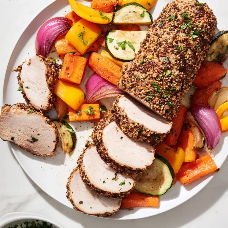 Golden-brown roasted garlic pork tenderloin, sliced and plated beside colorful, flavorful roasted vegetables.