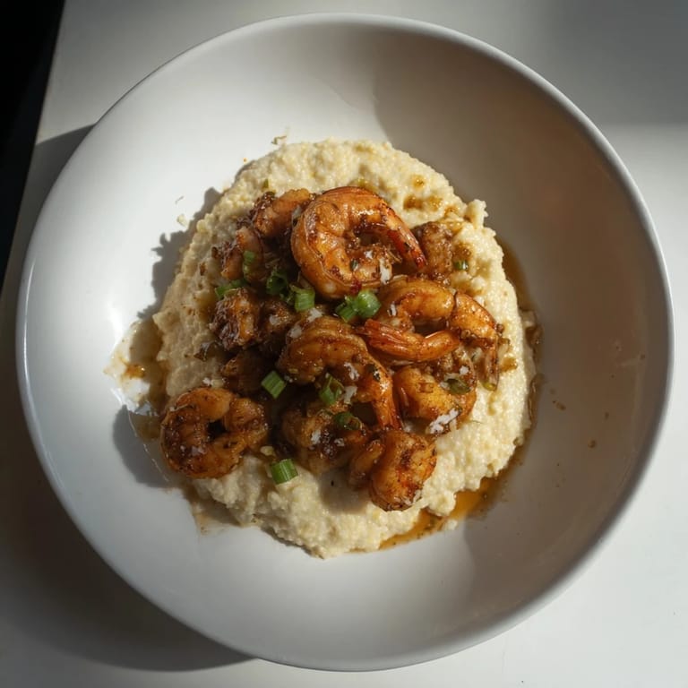 Close-up of golden shrimp & grits; the cheesy grits are topped with flavorful garlic shrimp.