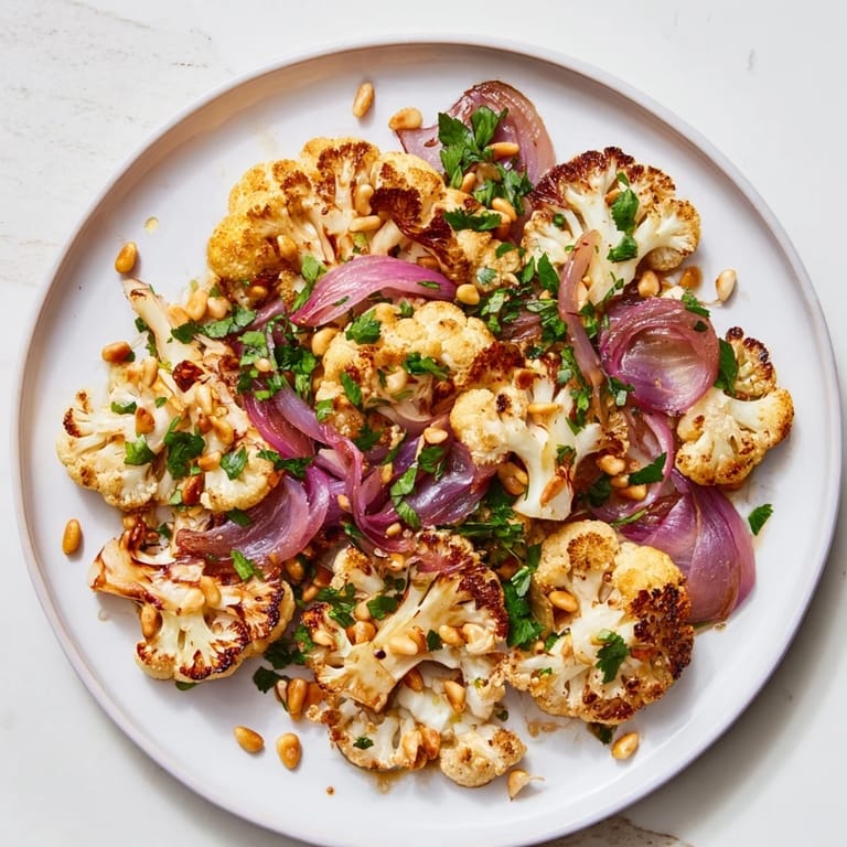 Warm roasted cauliflower salad with lemon dressing, garnished with toasted pine nuts and golden raisins.