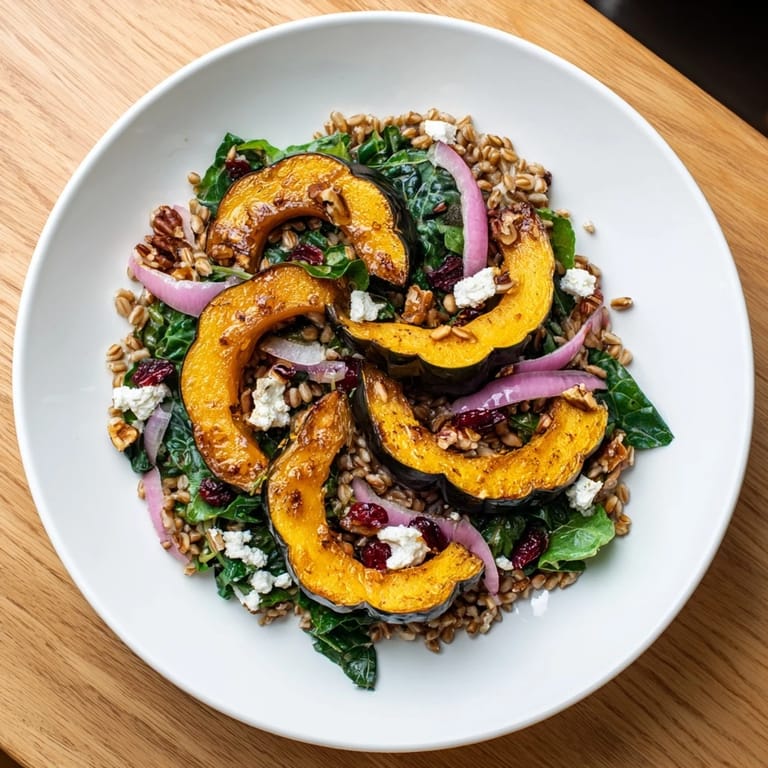 Earthy farro & mustard green salad featuring sweet and tender maple-roasted acorn squash, ready to serve.