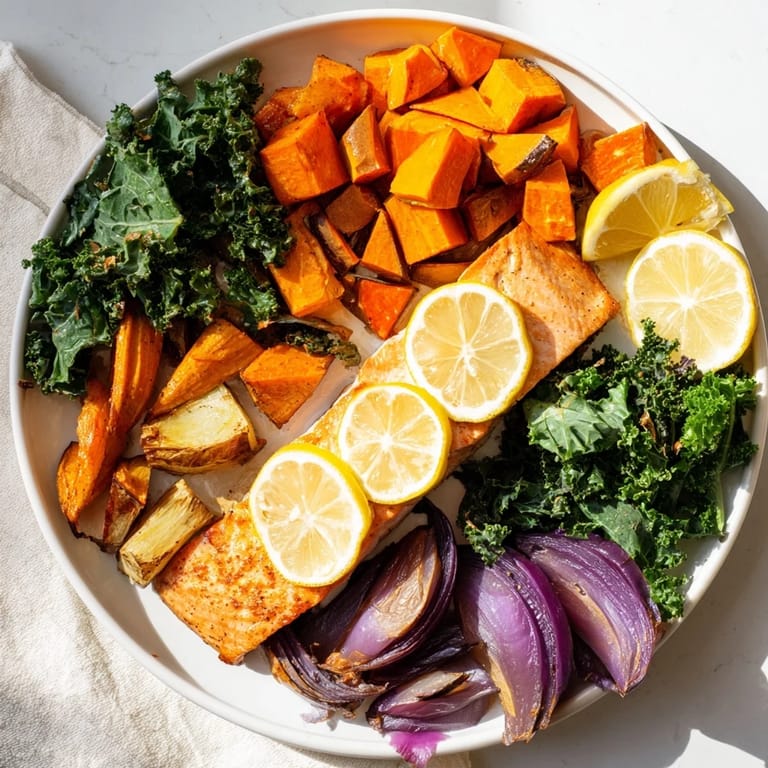 Golden-brown sheet-pan salmon atop roasted winter vegetables, a colorful and healthy meal with greens.