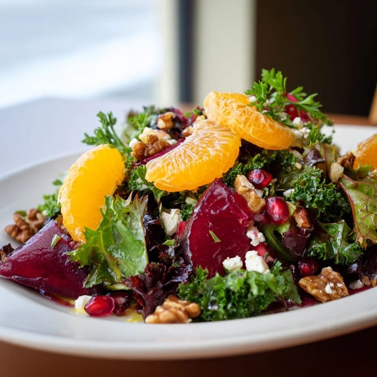 Fresh Winter Greens Salad displaying juicy citrus, pomegranate, and perfectly toasted nuts, tossed in dressing.