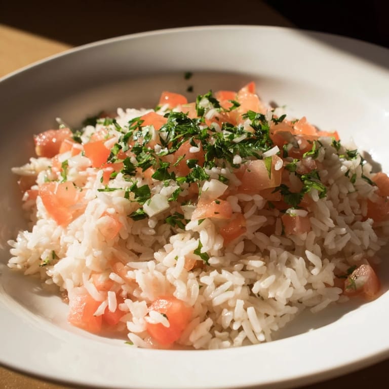 A close-up of a bubbling tomato-rice skillet dinner, ready to serve with fragrant herbs.