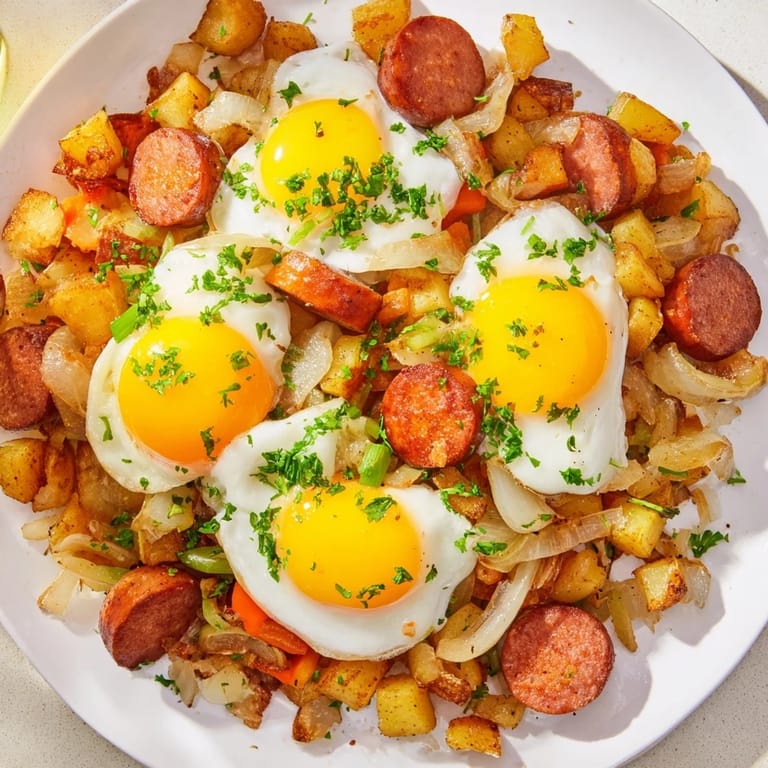 Savory Egg & Potato Hash with Hot Dogs topped with perfectly cooked sunny-side-up eggs.