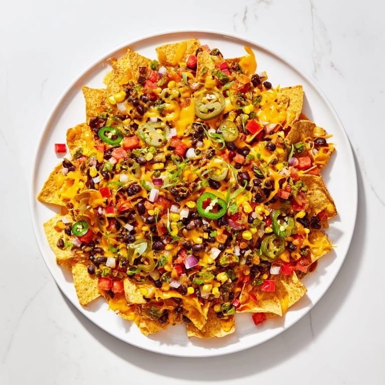 Delicious sheet-pan nachos piled high with seasoned beans, cheese, and fresh garnishes for a tasty meal.