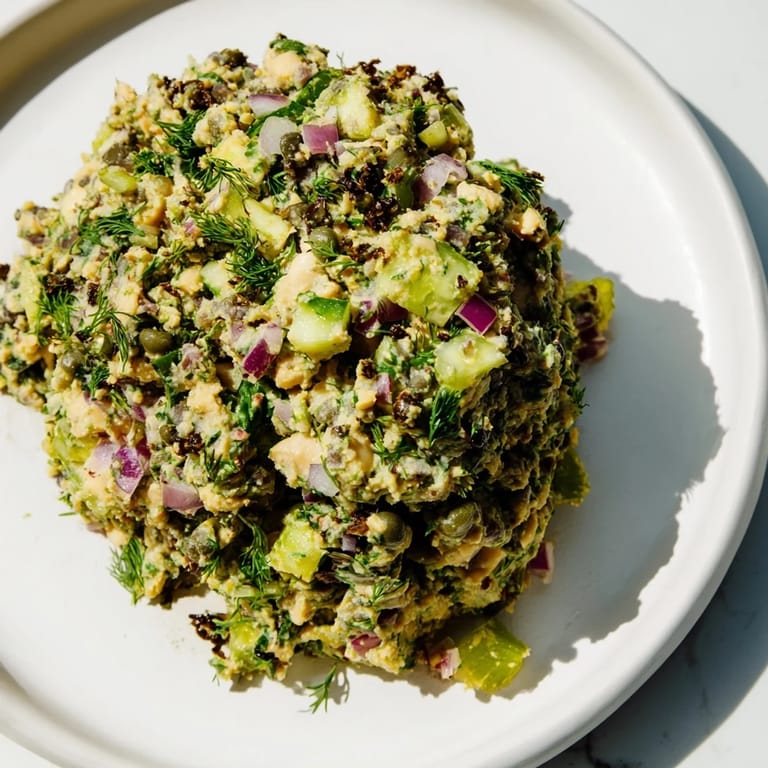 Vibrant close-up of the chickpea tuna salad, perfect on whole-wheat bread for a quick meal.