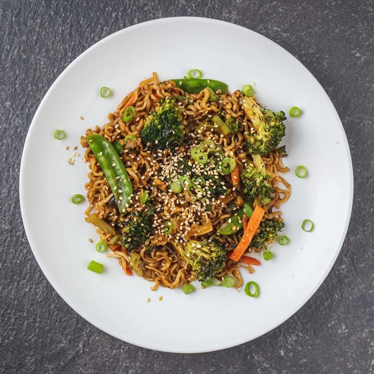This quick Ramen Noodle Stir-Fry Remix shows perfectly cooked noodles with toasted sesame seeds on top.