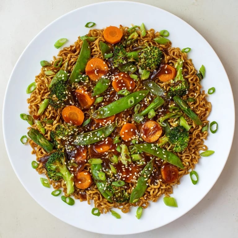 Sizzling skillet of Ramen Noodle Stir-Fry Remix, a comforting weeknight meal in a flavorful sauce.