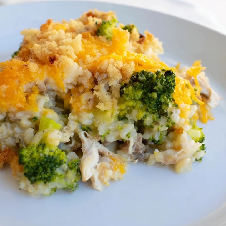 Enjoy a hearty serving of Chicken & Broccoli Rice Casserole with seasoned breadcrumb topping and savory sauce.