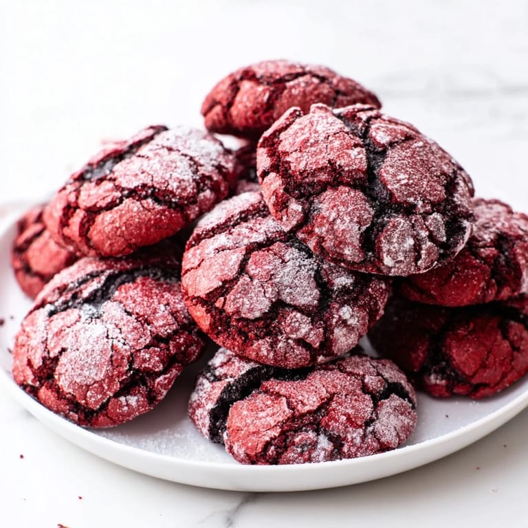Perfectly cracked and chewy, these Red Velvet Chocolate Crinkle Cookies feature a vibrant red hue and decadent flavor.