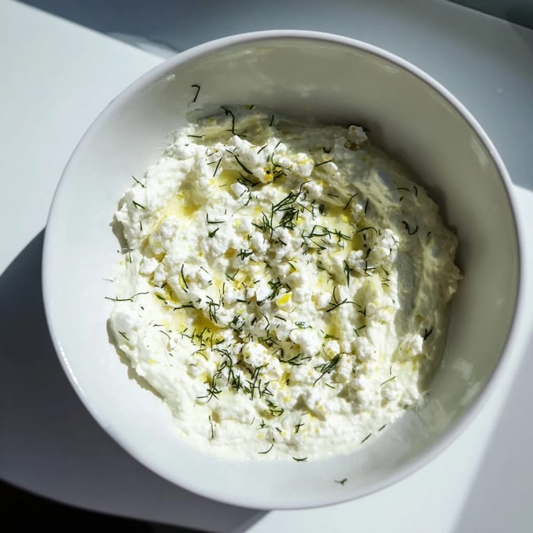 A bowl of refreshing whipped feta dip, perfectly topped with a bright lemon and mint infused oil.