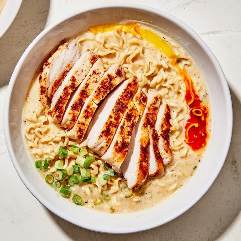 Close-up of Fiery Chicken Ramen: Tender chicken, creamy sauce, garnished with green onion, ready to be enjoyed.