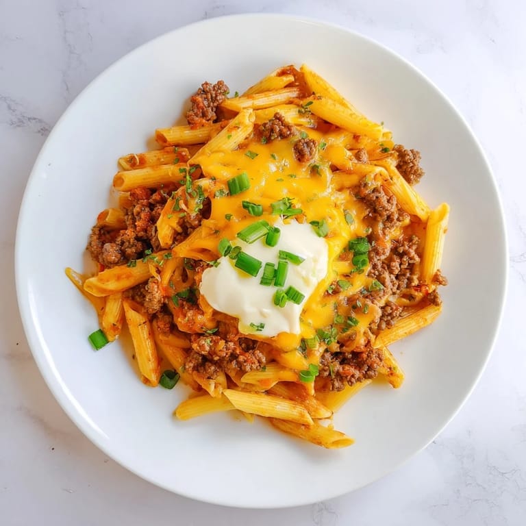 Creamy, cheesy easy beef enchilada pasta: tender pasta, rich sauce, and bubbling cheddar cheese.