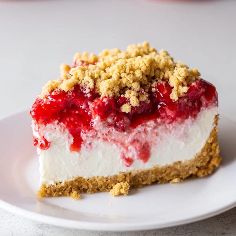 This close-up photo shows a Strawberry Shortcake Cheesecake with a perfect strawberry layer and whipped cream.