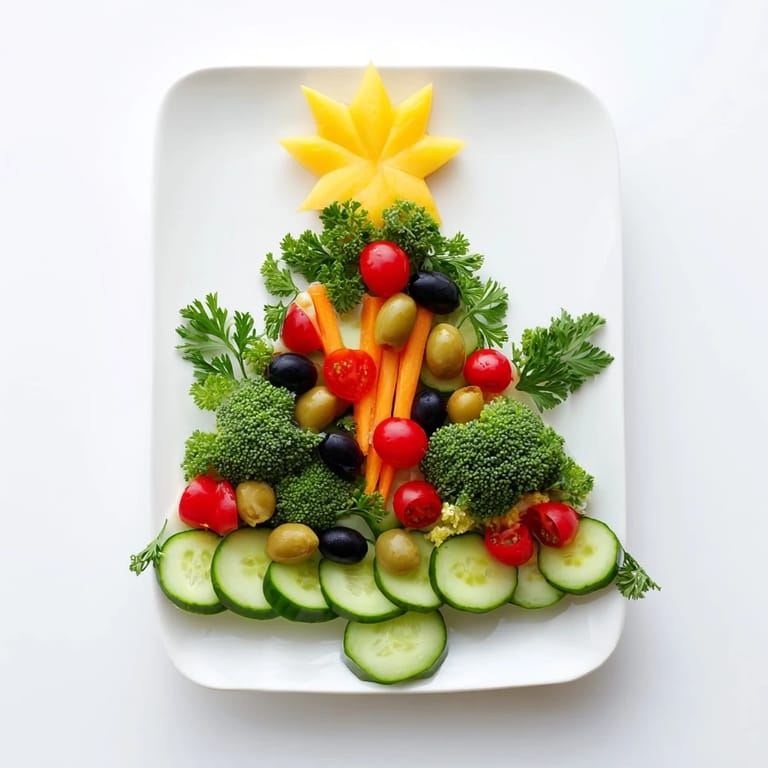A delicious and healthy close-up of the completed Healthy Christmas Veggie Platter Tree with olives and a pepper star.