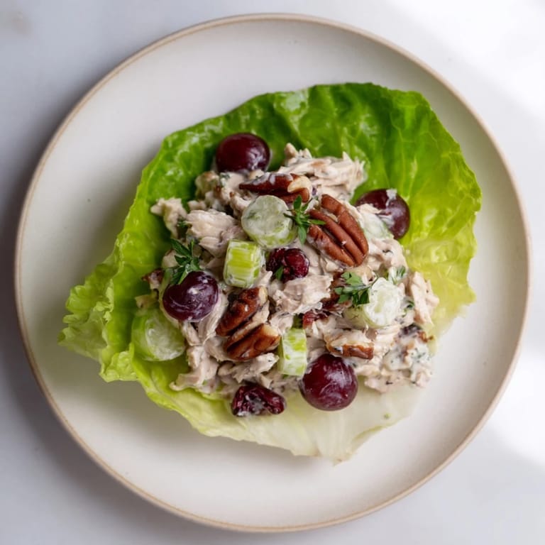 Delicious, creamy Festive Chicken Salad Cups, served in fresh lettuce cups for a light, refreshing bite.