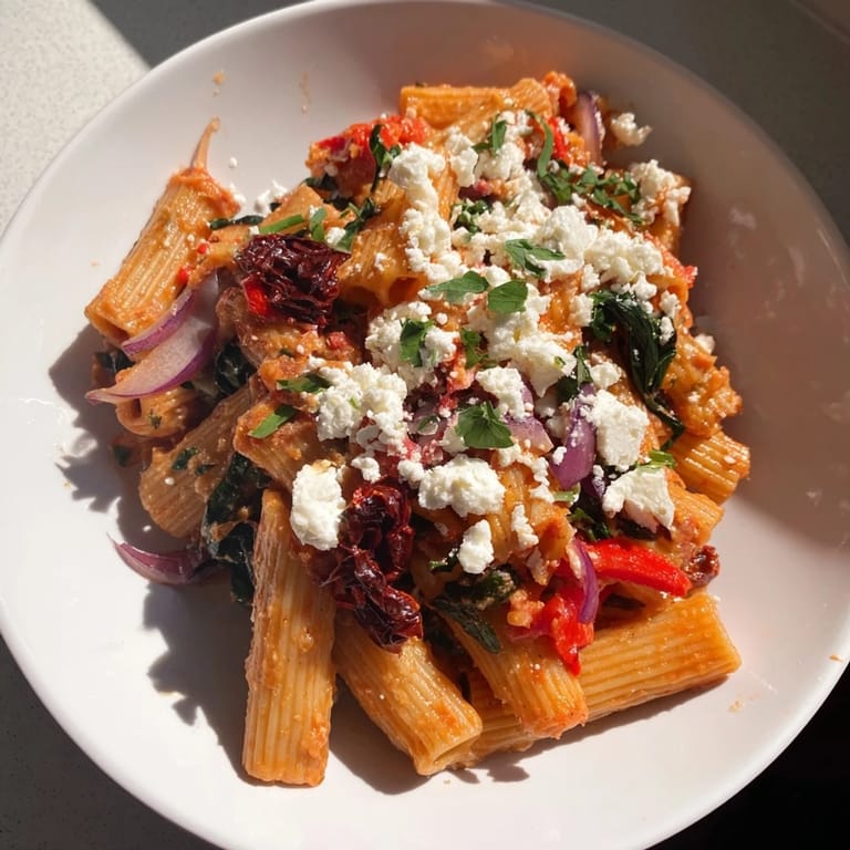 The baked golden topping of Mediterranean Garlic & Herb Pasta, ready to serve with fresh herbs.